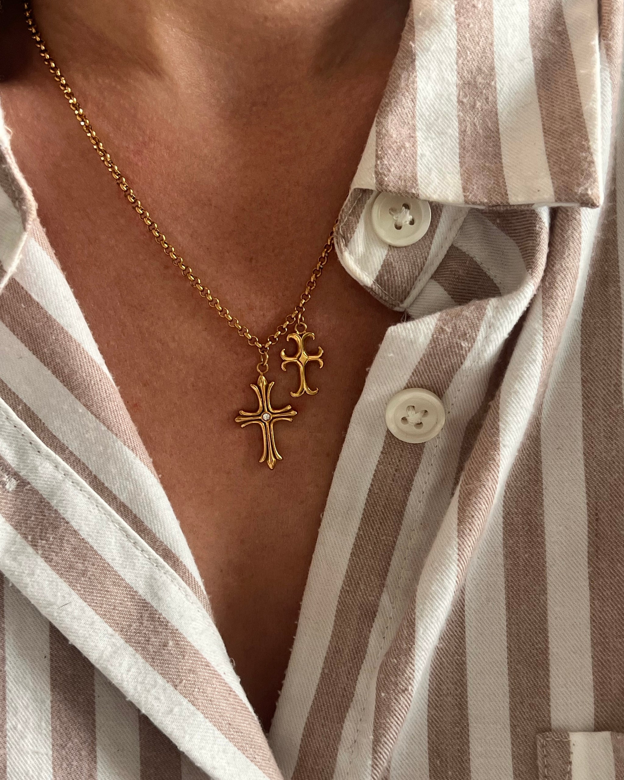Layered Cross Necklace With CZ Stone or Birthstone, Double Chain Cross  Necklace in 14K Solid Gold, Sterling Silver, Yellow or Rose Gold. - Etsy  Finland